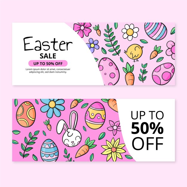 Conjunto de banners horizontales de venta de pascua dibujados a mano