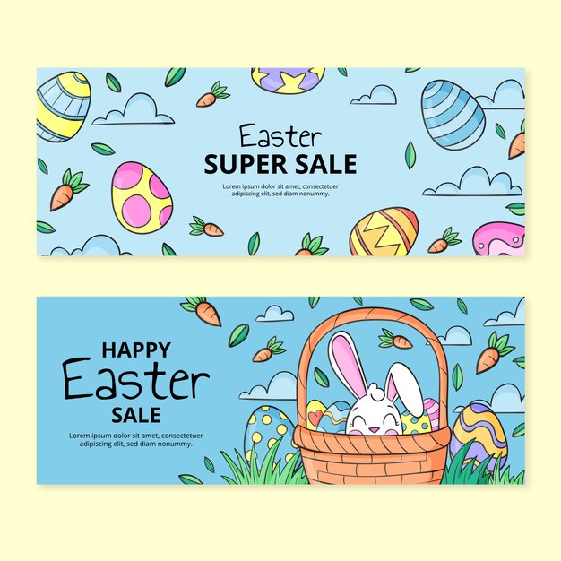 Conjunto de banners horizontales de venta de pascua dibujados a mano