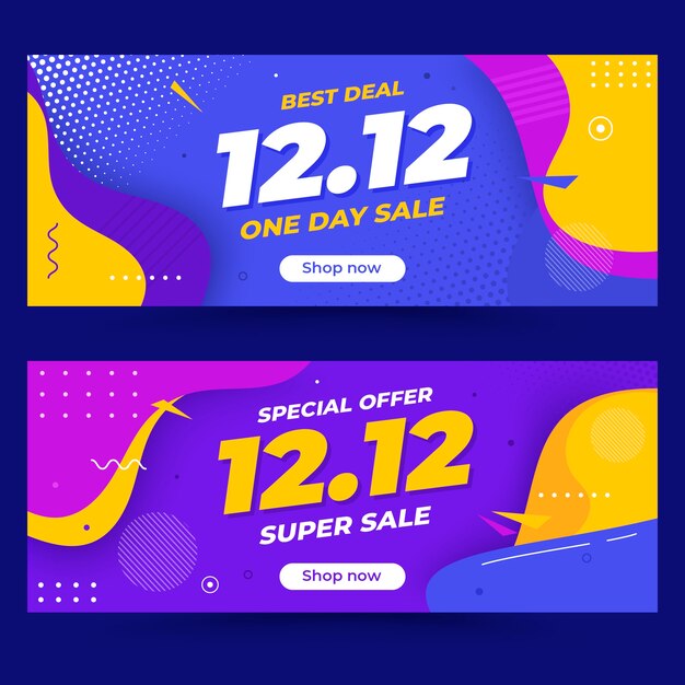 Conjunto de banners horizontales de venta plana 12.12 dibujados a mano