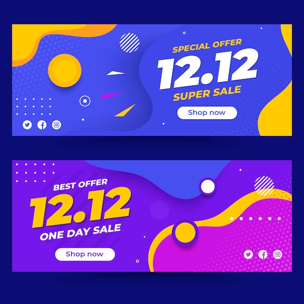 Vector gratuito conjunto de banners horizontales de venta plana 12.12 dibujados a mano