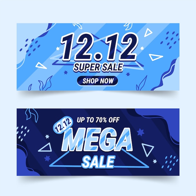 Vector gratuito conjunto de banners horizontales de venta plana 12.12 dibujados a mano