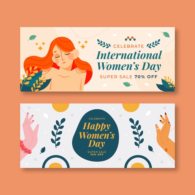 Vector gratuito conjunto de banners horizontales de venta plana del día internacional de la mujer.