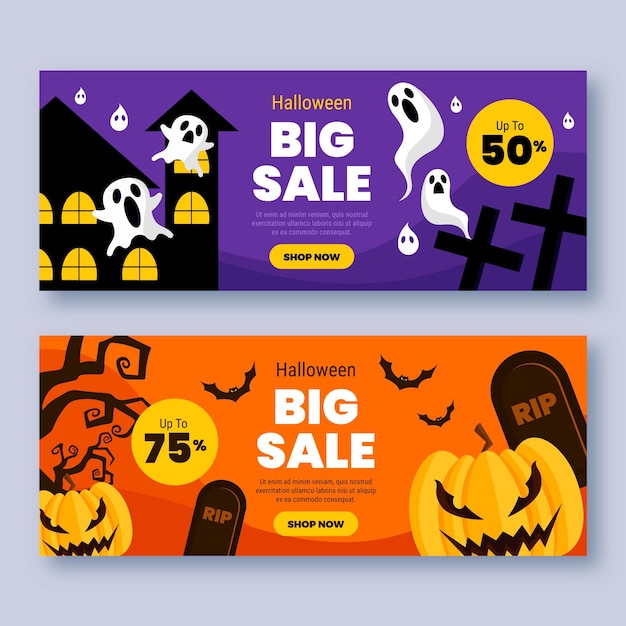 Conjunto de banners horizontales de venta plana de halloween