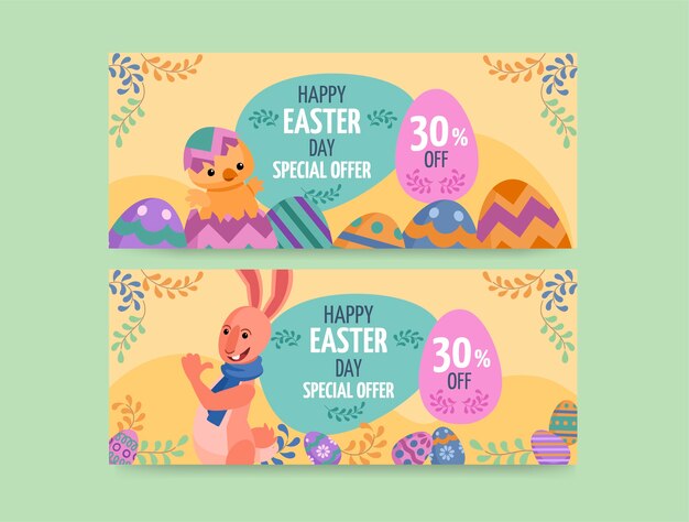 Conjunto de banners horizontales de venta plana de pascua