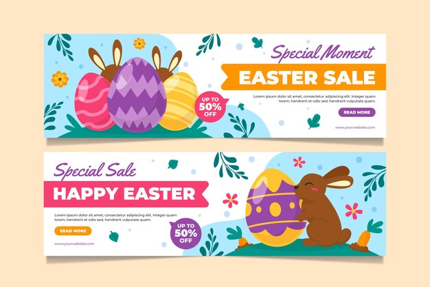 Conjunto de banners horizontales de venta plana de pascua