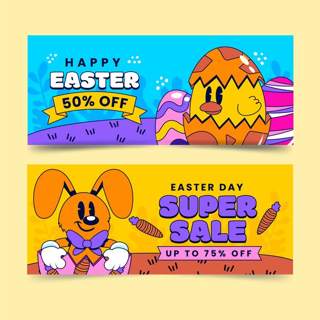 Conjunto de banners horizontales de venta plana de pascua