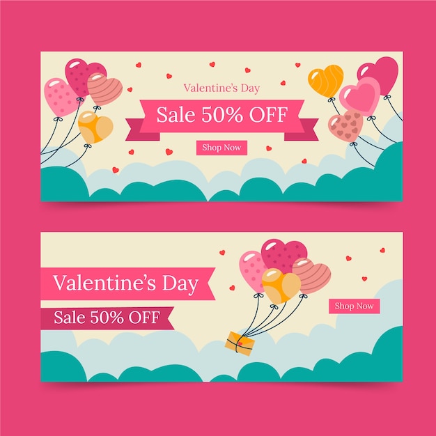 Conjunto de banners horizontales de venta plana de san valentín