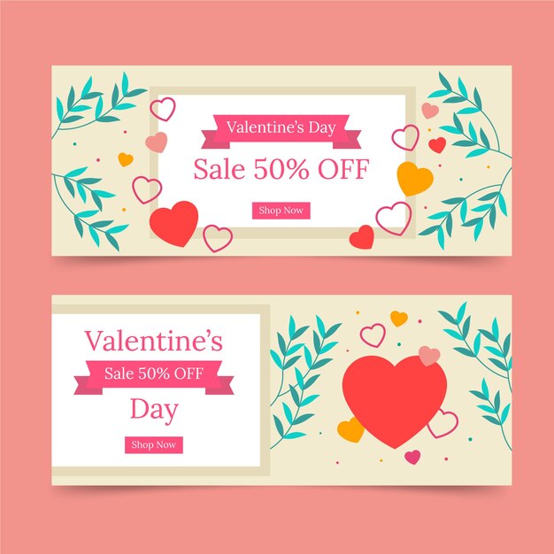 Conjunto de banners horizontales de venta plana de san valentín