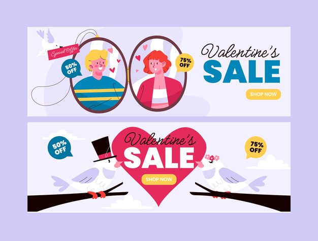 Conjunto de banners horizontales de venta plana de san valentín