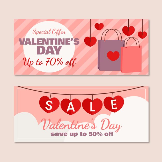 Conjunto de banners horizontales de venta plana de san valentín