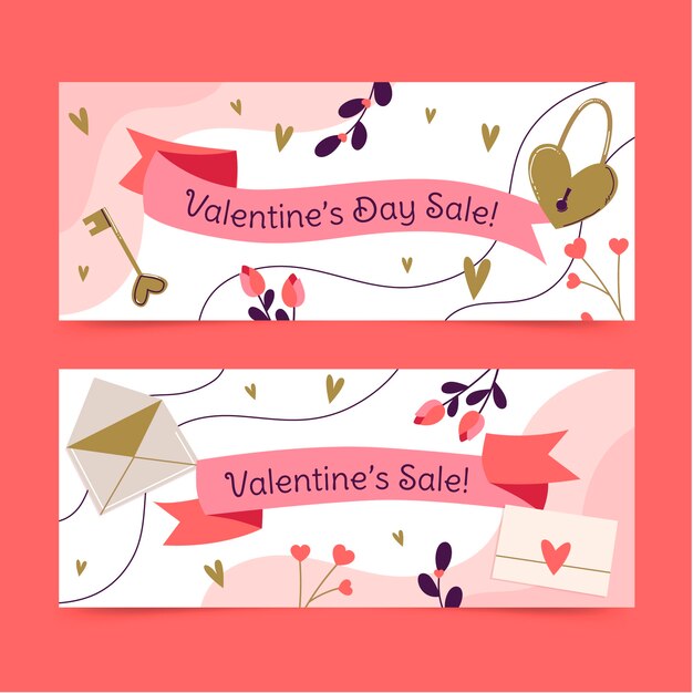 Conjunto de banners horizontales de venta plana de san valentín