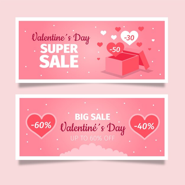 Conjunto de banners horizontales de venta plana de san valentín