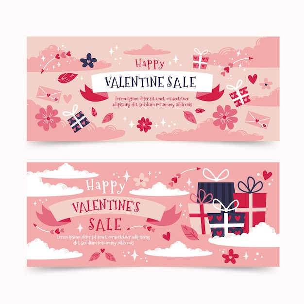 Conjunto de banners horizontales de venta plana de san valentín