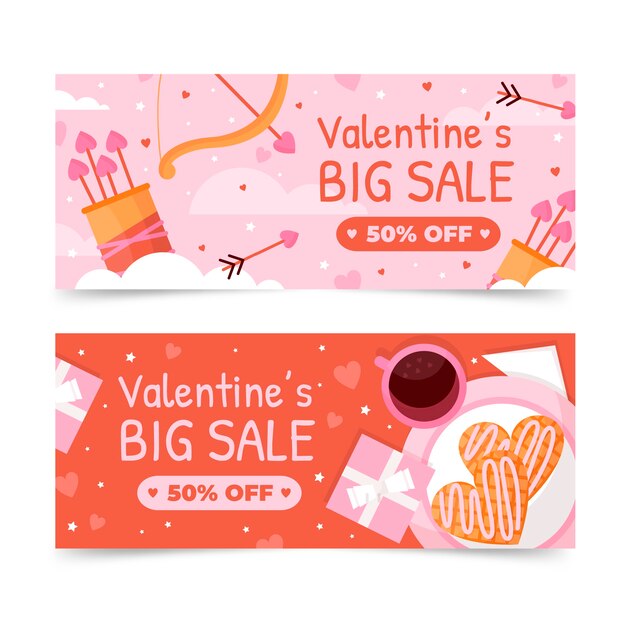 Conjunto de banners horizontales de venta plana de san valentín