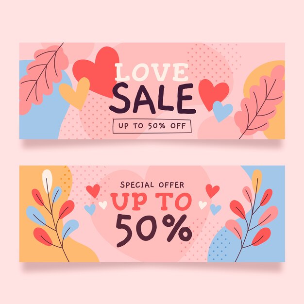 Conjunto de banners horizontales de venta plana de san valentín
