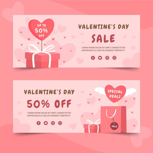 Conjunto de banners horizontales de venta plana de san valentín