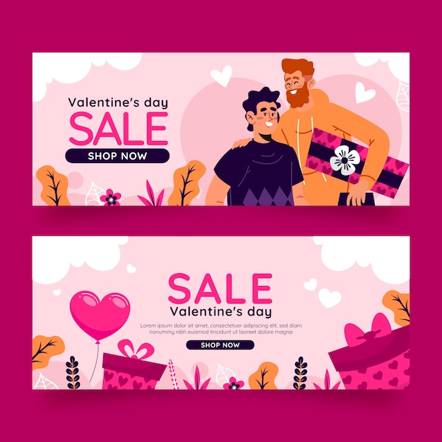 Vector gratuito conjunto de banners horizontales de venta plana de san valentín