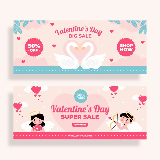 Conjunto de banners horizontales de venta plana de san valentín
