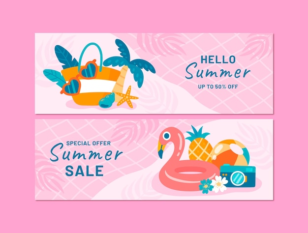 Vector gratuito conjunto de banners horizontales de venta plana de verano