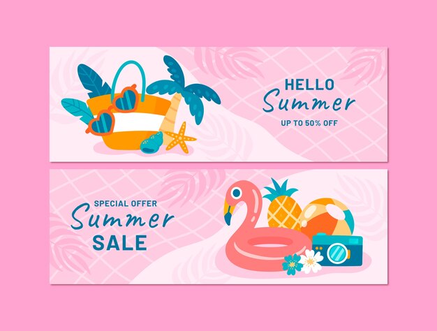 Conjunto de banners horizontales de venta plana de verano