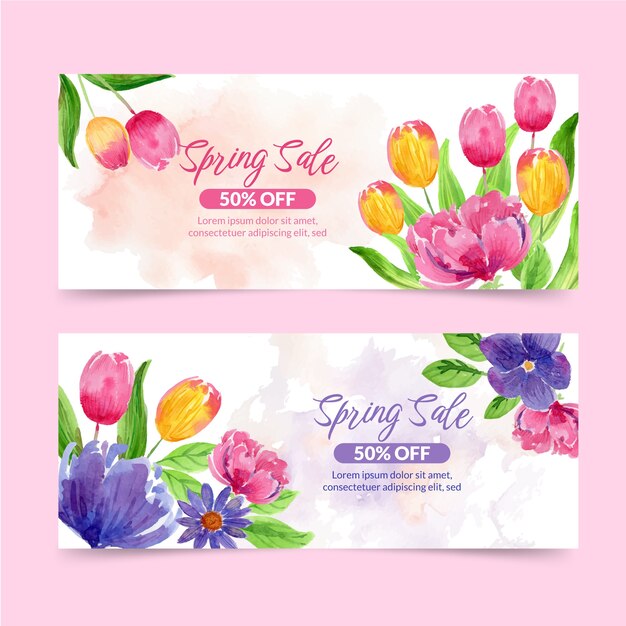 Conjunto de banners horizontales de venta de primavera acuarela