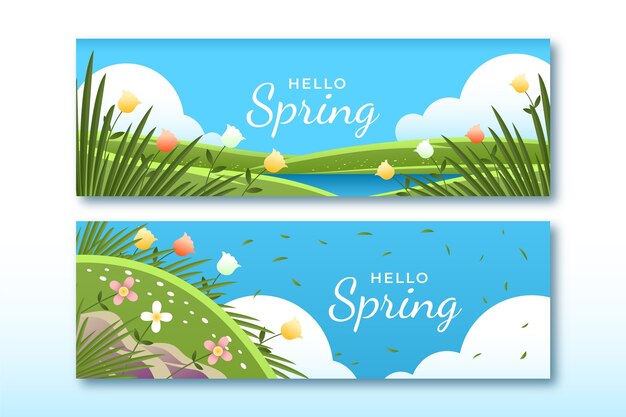 Conjunto de banners horizontales de venta de primavera degradado