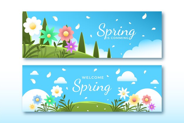 Conjunto de banners horizontales de venta de primavera degradado