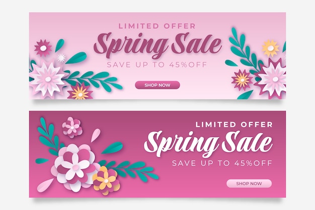 Vector gratuito conjunto de banners horizontales de venta de primavera de estilo de papel