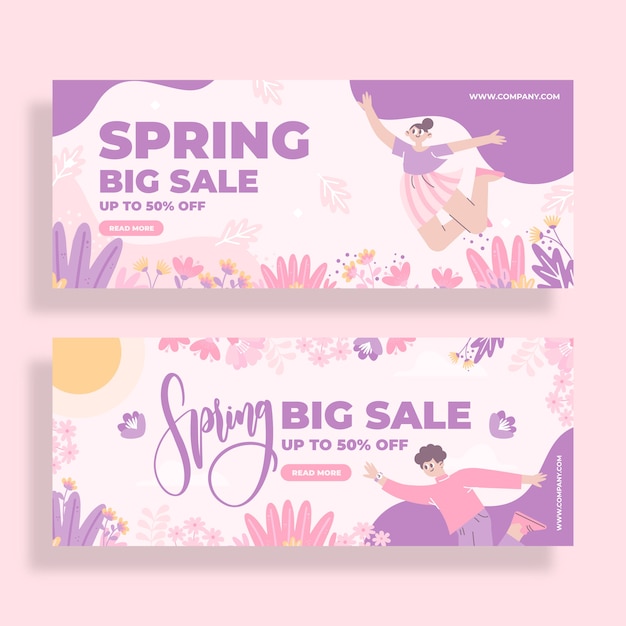 Conjunto de banners horizontales de venta de primavera plana