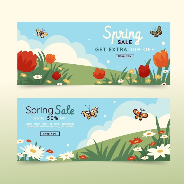 Vector gratuito conjunto de banners horizontales de venta de primavera plana