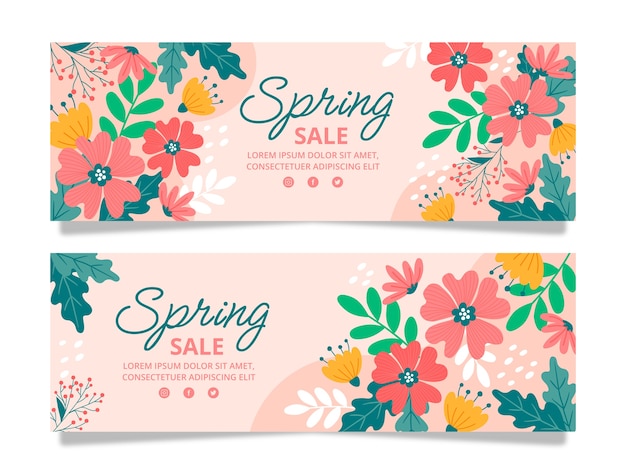 Vector gratuito conjunto de banners horizontales de venta de primavera plana