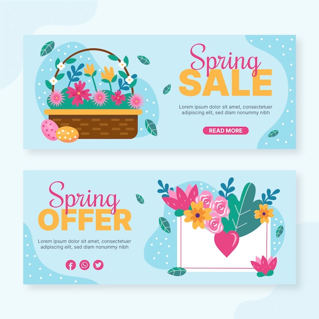 Vector gratuito conjunto de banners horizontales de venta de primavera plana