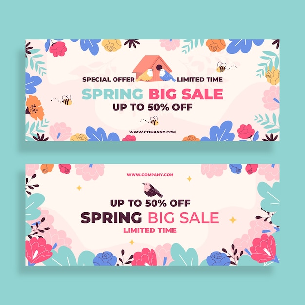 Conjunto de banners horizontales de venta de primavera plana