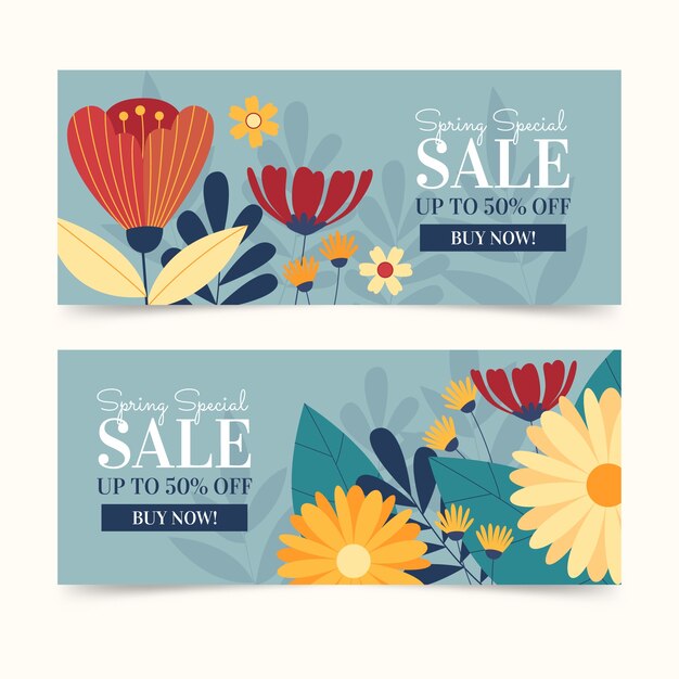 Conjunto de banners horizontales de venta de primavera plana