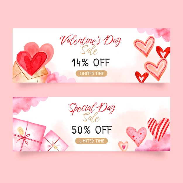 Vector gratuito conjunto de banners horizontales de venta de san valentín en acuarela