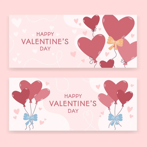 Conjunto de banners horizontales de venta de san valentín dibujados a mano