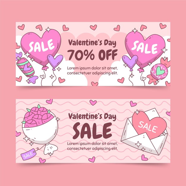 Conjunto de banners horizontales de venta de san valentín dibujados a mano