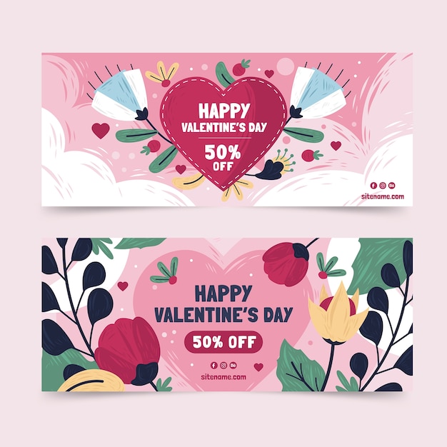 Vector gratuito conjunto de banners horizontales de venta de san valentín dibujados a mano