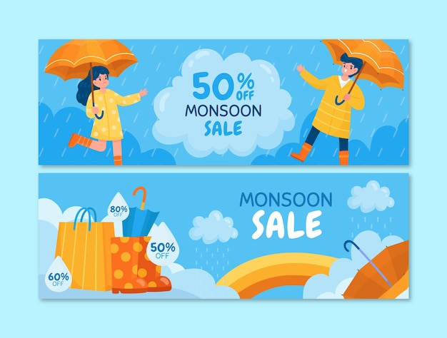 Conjunto de banners horizontales de venta de temporada de monzón plano