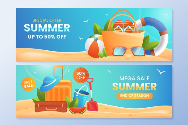 Conjunto de banners horizontales de venta de verano degradado