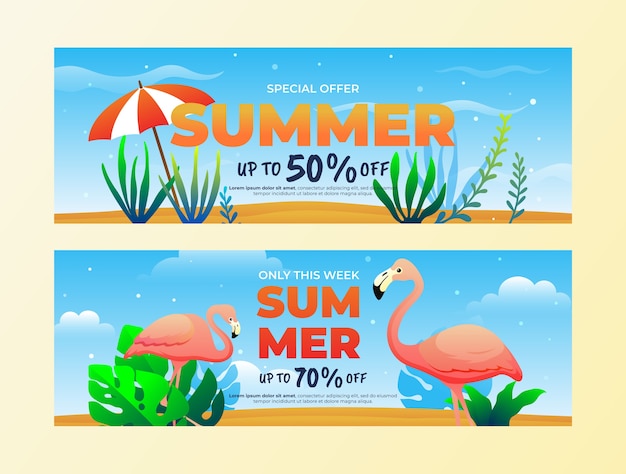 Conjunto de banners horizontales de venta de verano degradado