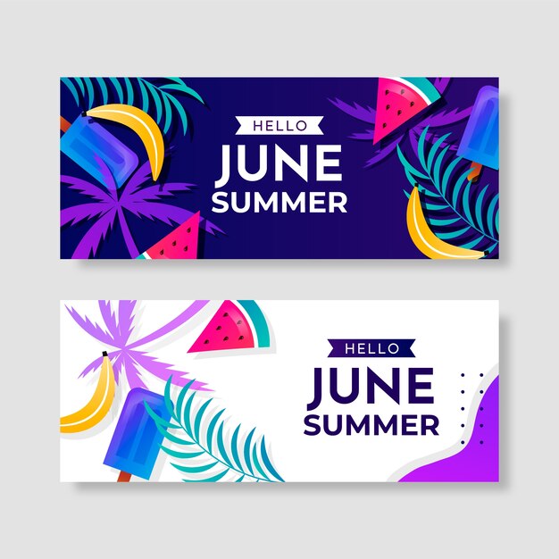 Conjunto de banners horizontales de verano degradado hola junio