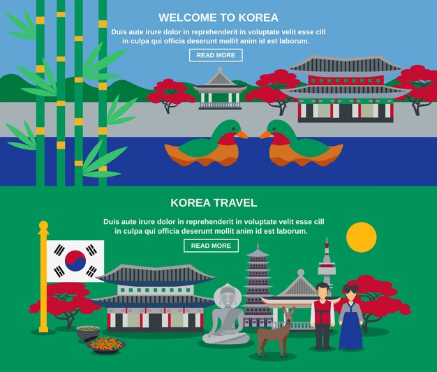 Conjunto de Banners horizontales de viaje de cultura coreana