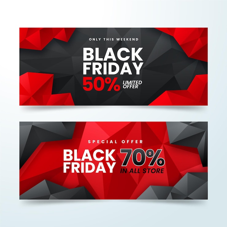 Vector gratuito conjunto de banners horizontales de viernes negro poligonal realista