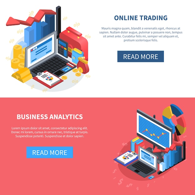 Conjunto de Banners de iconos isométricos financieros