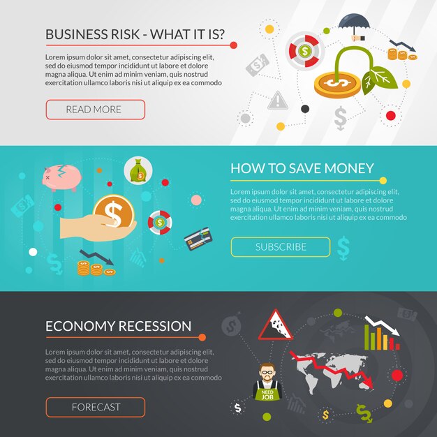 Conjunto de Banners interactivos planos de Crisis financiera