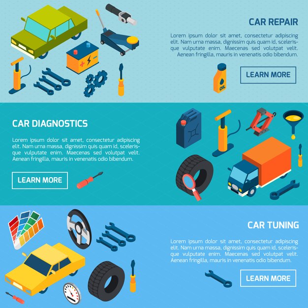 Conjunto de Banners Isométricos de reparación de automóviles