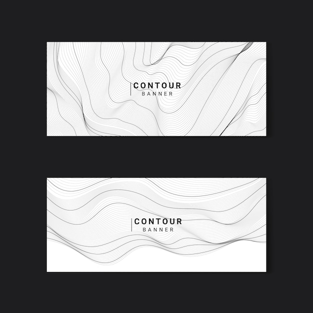Conjunto de banners de líneas de contorno de mapa abstracto blanco y negro