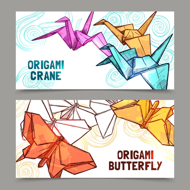 Conjunto de banners de mariposas y grúas de origami