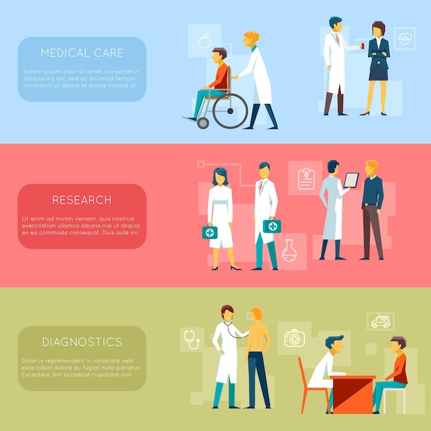 Conjunto de banners de médico y personal médico. Cuidado de la salud, investigación, ilustración de diagnóstico.